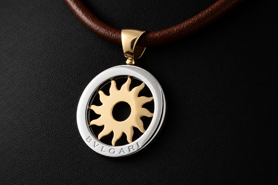 BVLGARI Tondo Sun Collier Kette Leder Braun Anhänger Sonne in 750er Gold 