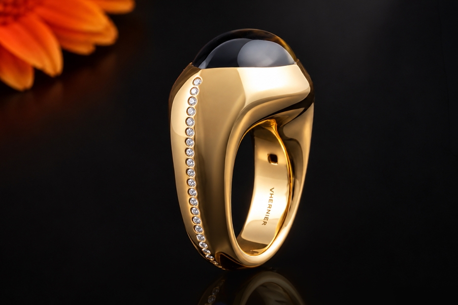 Vhernier Ring mit Falkenauge & Diamanten Massive Arbeit in Roségold 750 