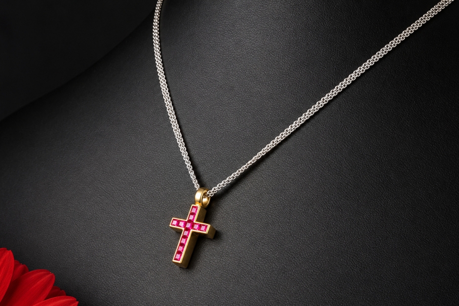 Hans Dieter Krieger Wende-Kreuz Collier Rubine & Diamanten in 750er Gold 