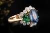 Farbenfroher Cluster Ring mit Saphir Smaragd Diamanten in 750er Roségold 