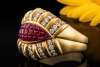 Ring mit Carré Rubinen und Diamanten im Vintage Design Gelbgold 750 