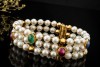 Vintage Perlenarmband Armreif Smaragd Rubin Saphir Cabochon Gelbgold 750 