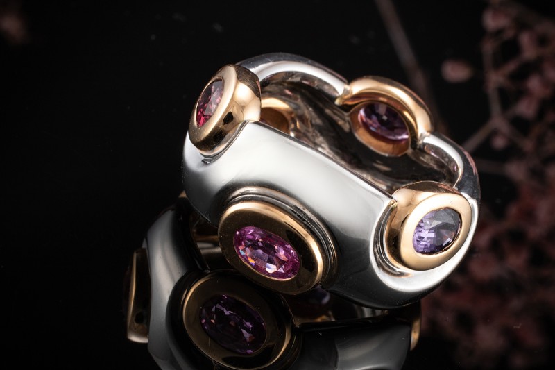 Odenwald Ring Tango Arbeit mit Saphiren Rot Pink 750er Roségold Weißgold 