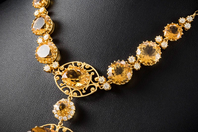 Prunkvolles Gala Collier mit Citrin und Diamanten in Gelbgold 750 Arbeit 