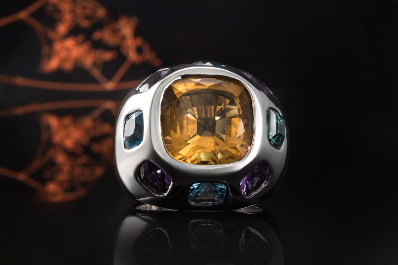 Imposanter Ring Citrin Amethyst Topas in massiver 750er Weißgold Arbeit 