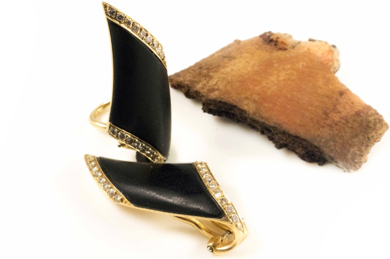 750er Gold Brillant Ohrclips Ohrringe mit Holzapplikationen 