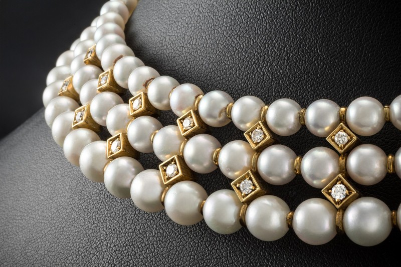 Kropfband Choker Akoya Perlen Diamanten Halsband in Gelbgold 750 Arbeit 