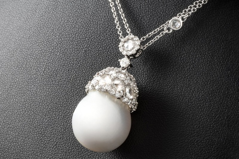 Collier Kette mit Anhänger Südsee Perle und Diamant Rosen 750er Weißgold 