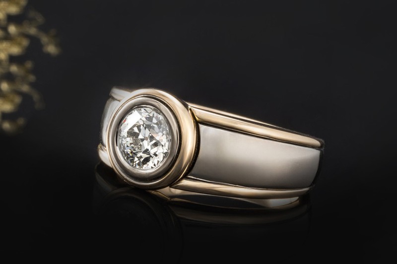 Solitär Ring 1,2 Ct Diamant Altschliff Massive Arbeit 750er Gold Bicolor 