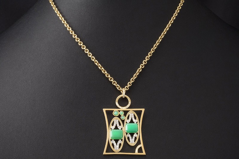 Jazychic Zwillinge Sternzeichen Anhänger Chrysopras Diamanten Gelbgold 