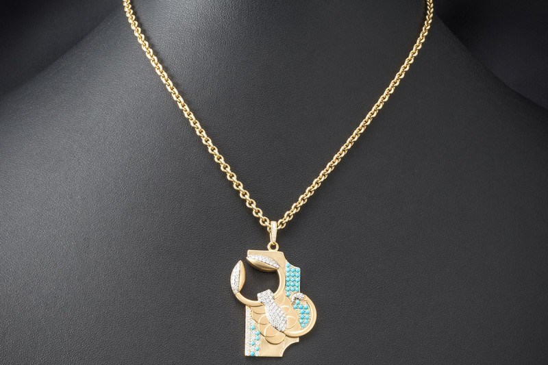 Jazychic Skorpion Sternzeichen Anhänger Türkis und Diamanten in Gelbgold 