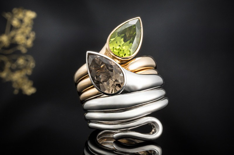 Georg Hornemann Ring Schlange Peridot Rauchquarz 750er Roségold Weißgold 