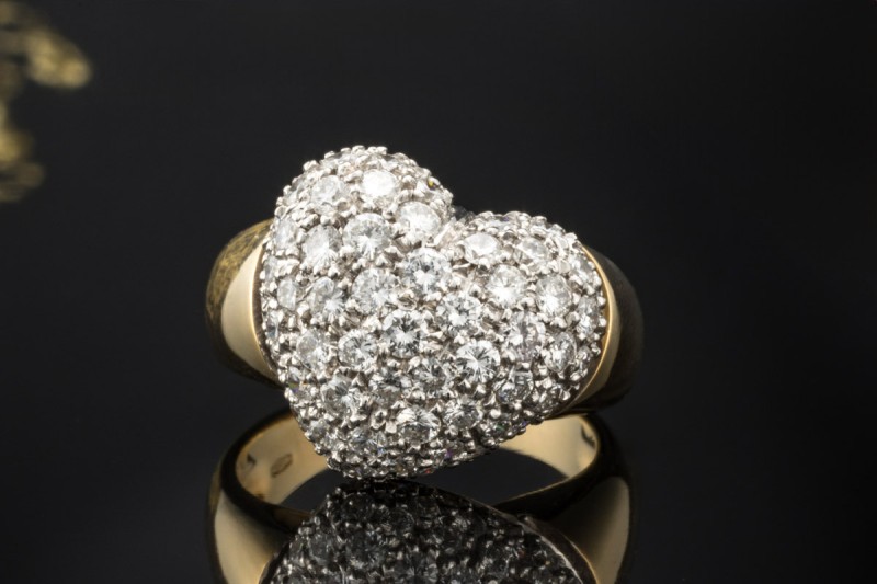 Herz Ring mit Diamanten Goldschmiedearbeit in 750er Gelbgold Weißgold 