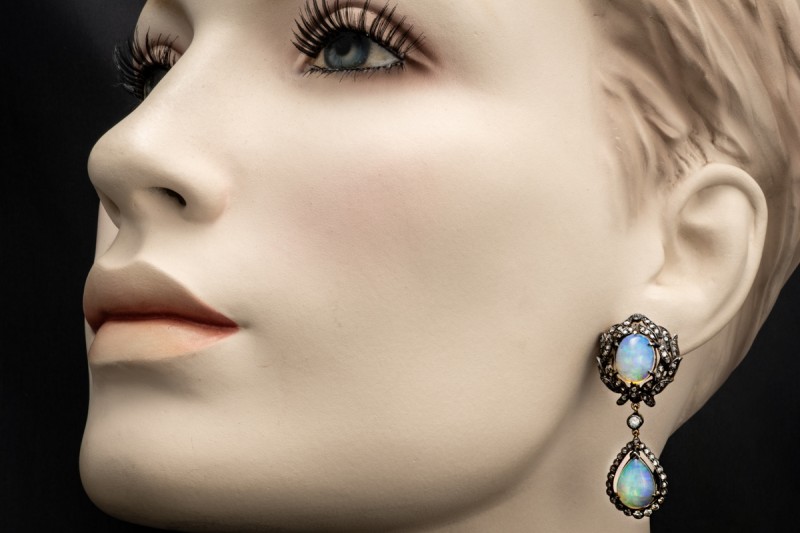 Antike Opal Ohrringe Ohrstecker Ohrhänger mit Diamanten Silber Gelbgold 