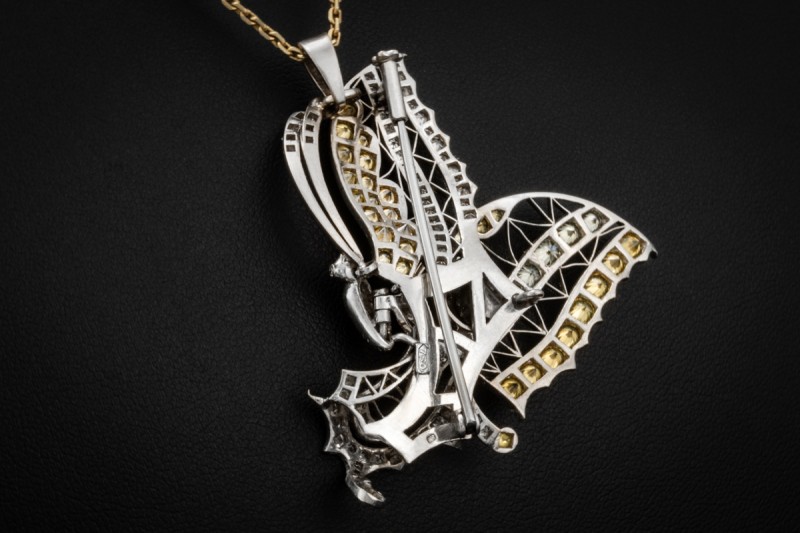 Schmetterling Brosche Anhänger Diamanten Gelb und Weiß in 750er Weißgold 