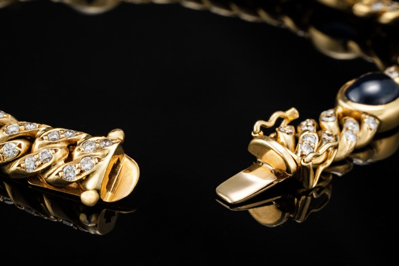 Armband Panzerarmband Saphir Cabochons Diamanten Massiv in Gelbgold 750 