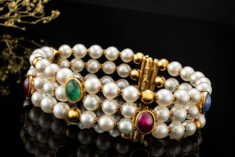 Vintage Perlenarmband Armreif Smaragd Rubin Saphir Cabochon Gelbgold 750 