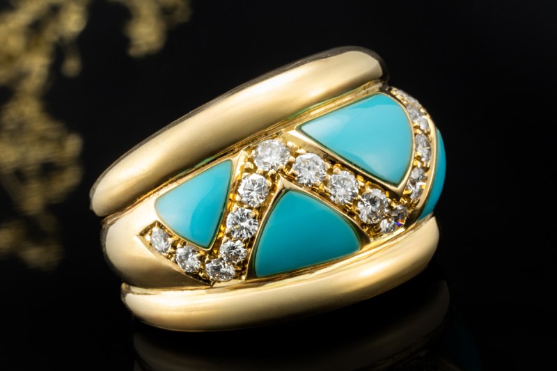 Cocktailring Ring mit Türkis dreieckig mit Diamanten in 750er Gelbgold 