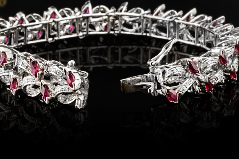Vintage Armband Marquise Rubine und Altschliff Diamanten in Weißgold 750 