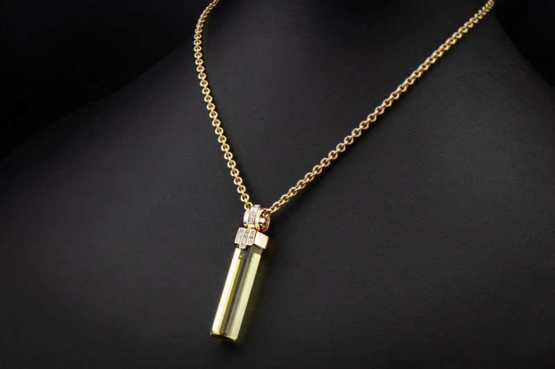 Langer Anhänger Hexagonaler Heliodor und Diamanten in Roségold Arbeit 