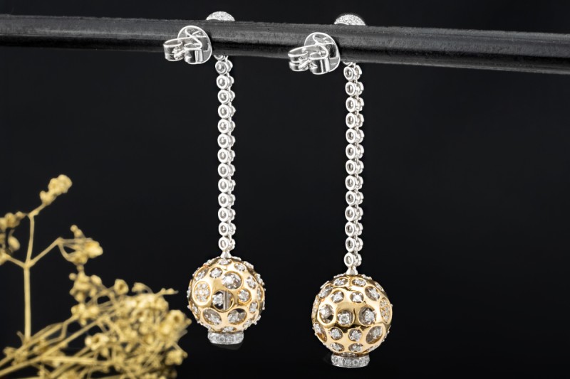 Ohrhänger Ohrstecker Kugeln beweglich mit Diamanten Gold Bicolor 750 