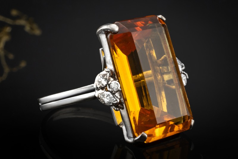 Ring im Art Déco Stil mit Citrin und Diamanten 750er Weißgold Handarbeit 