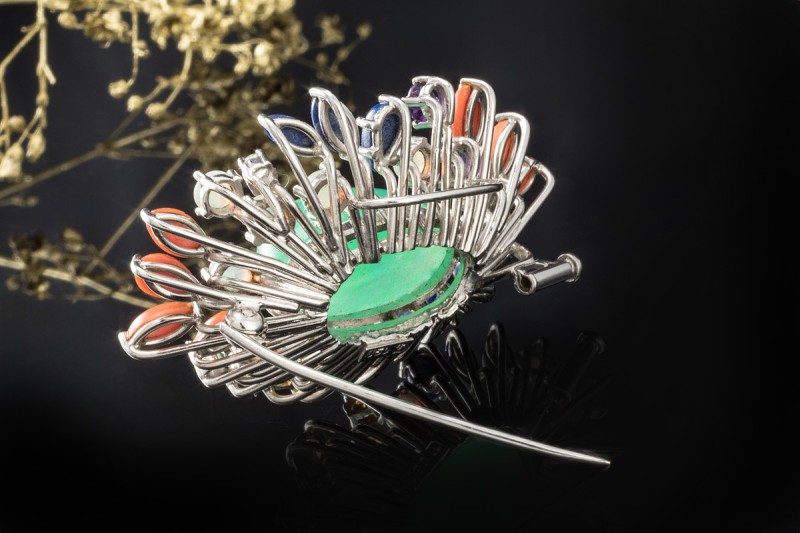 Chrysopras Brosche mit Koralle Lapislazuli Opal Edelsteinen Weißgold 750 