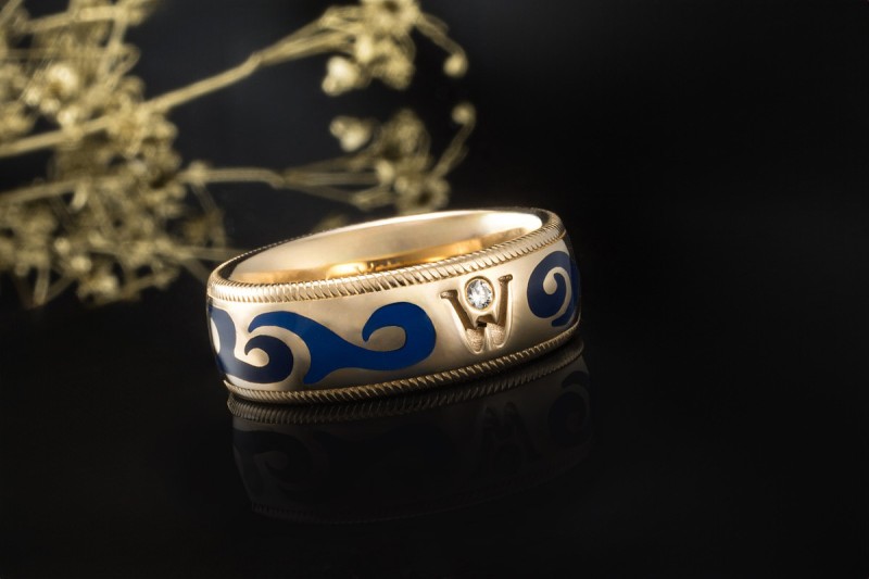 Wellendorff Vintage Ring mit blauer Emaille und Diamant in Gelbgold 750 