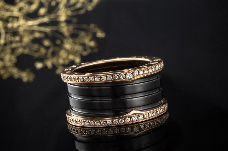 BVLGARI B.zero1 4-Band Ring Schwarze Keramik Diamanten 750er Roségold 57 