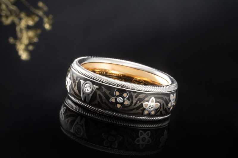 Wellendorff Ring Drehring Blütenengel Schwarz mit Diamanten Weißgold 750 