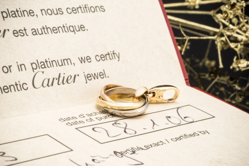 Cartier Trinity Charm Anhänger an Karabiner 3 Ringe 750er Gold Full Set 