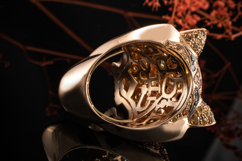 Tiger Panther Design Ring Citrin Brillanten schwarz weiß Smaragd Rotgold 