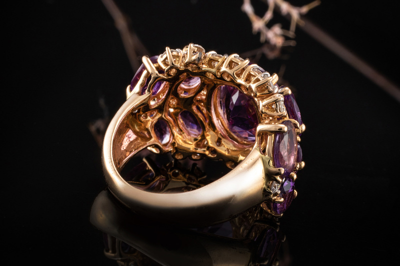 Royaler Amethyst Cocktail Ring mit Diamanten Massiv in 585er Gelbgold 