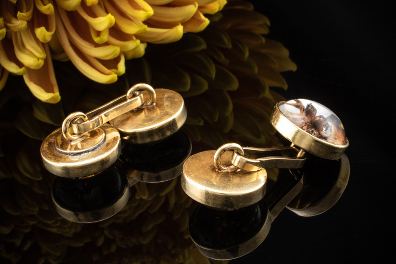 Bergkristall Manschetteknöpfe Jagdschmuck Jagd Motive Malerei in Gold 