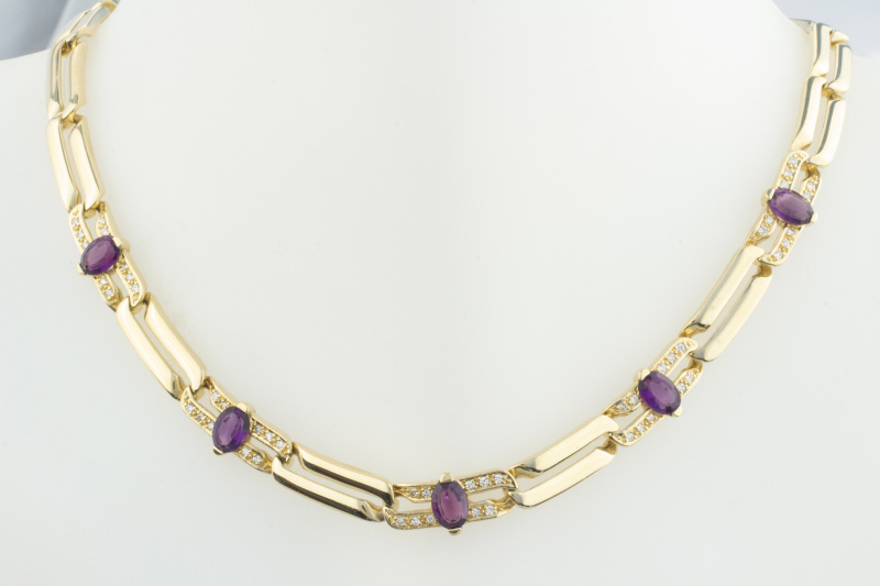 Designer Schmuckset Collier Kette Armband MASSIV 750 Gelbgold Brillanten Amethyste 