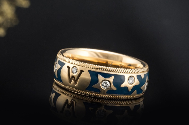 Wellendorff Vintage Ring Sternenhimmel Blau mit Diamanten 750er Gelbgold 