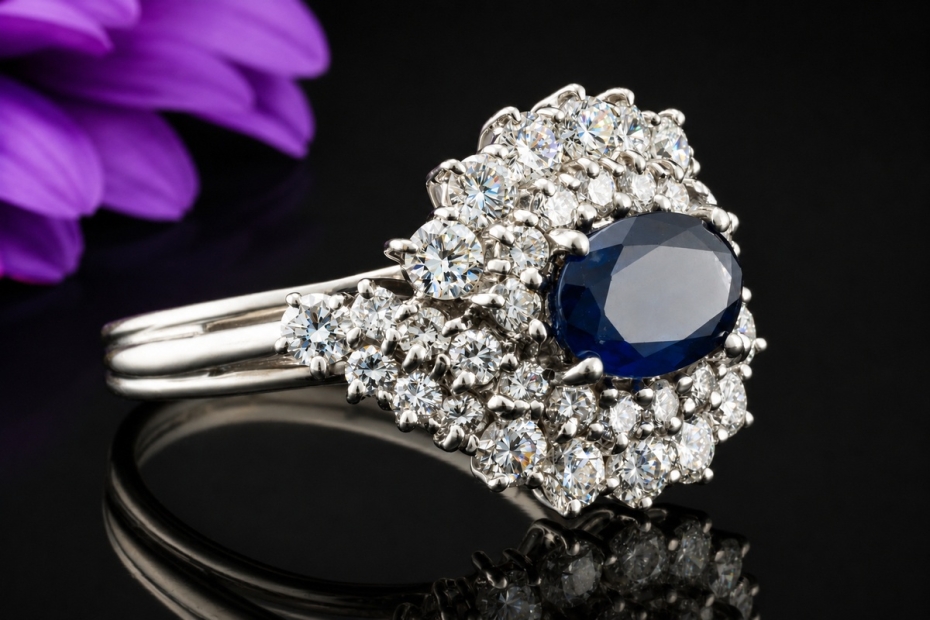 Ring Klassische Weißgold Arbeit mit Saphir im Ovalschliff und Diamanten 