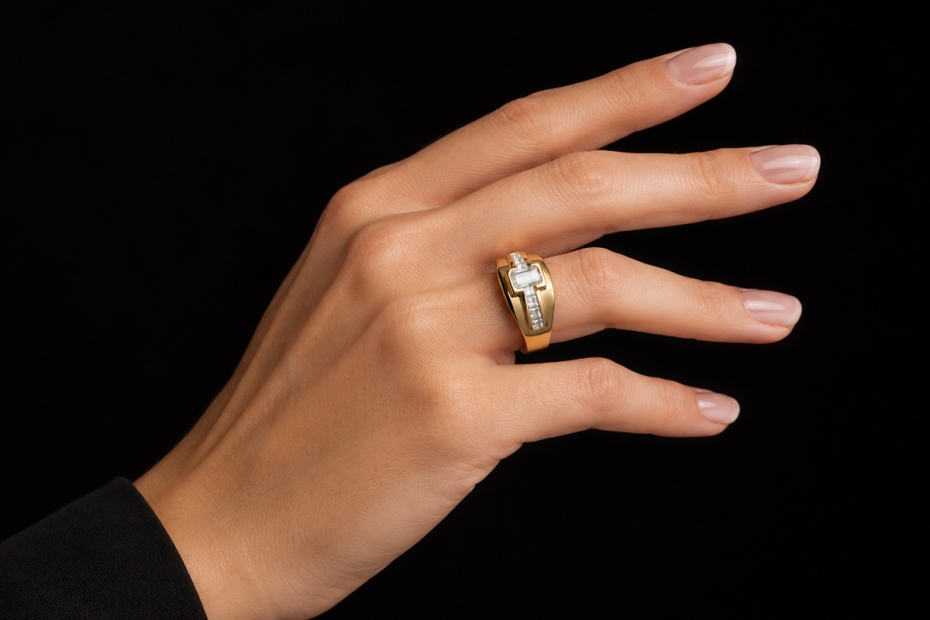 Diamantring mit eckigen Diamanten in massiver 750er Gelbgold Handarbeit 