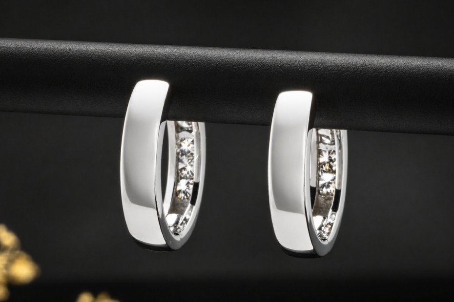 Klassische Creolen Ohrringe Ohrstecker mit Diamanten in 750er Weißgold 