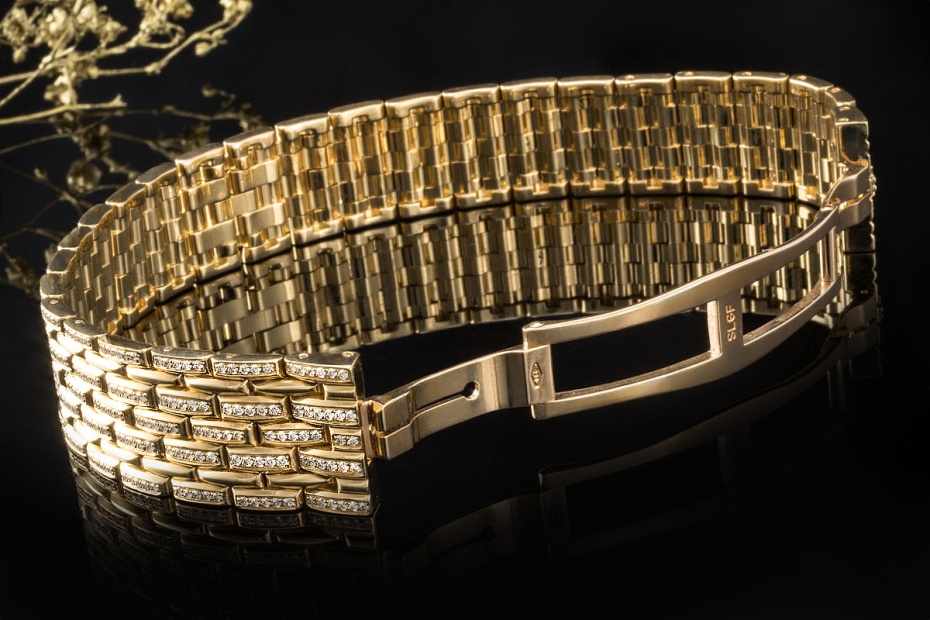 Massives Armband Breites Gliederarmband mit Diamanten in 750er Gelbgold 
