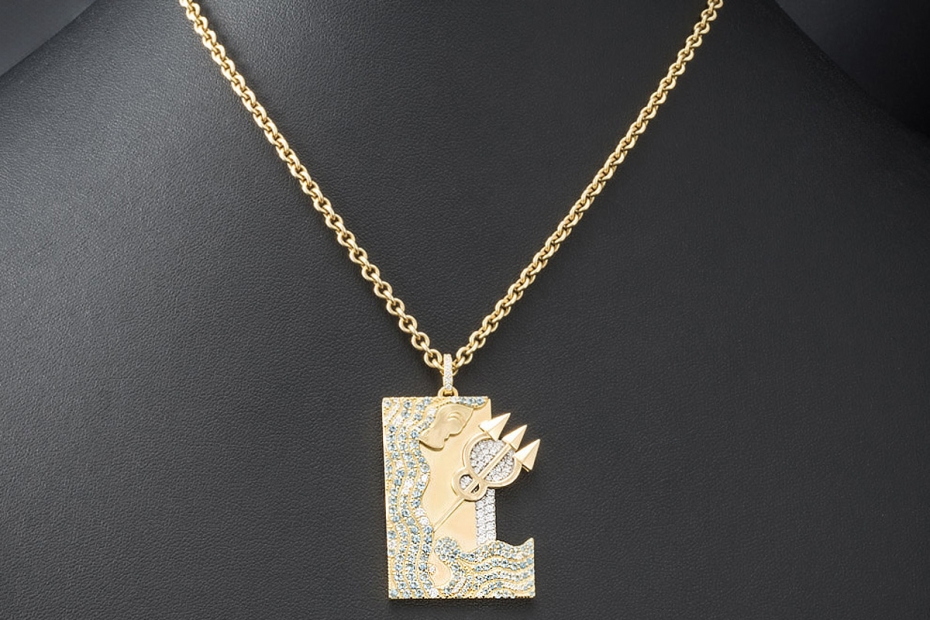 Jazychic Wassermann Sternzeichen Anhänger Aquamarine Diamanten Gelbgold 