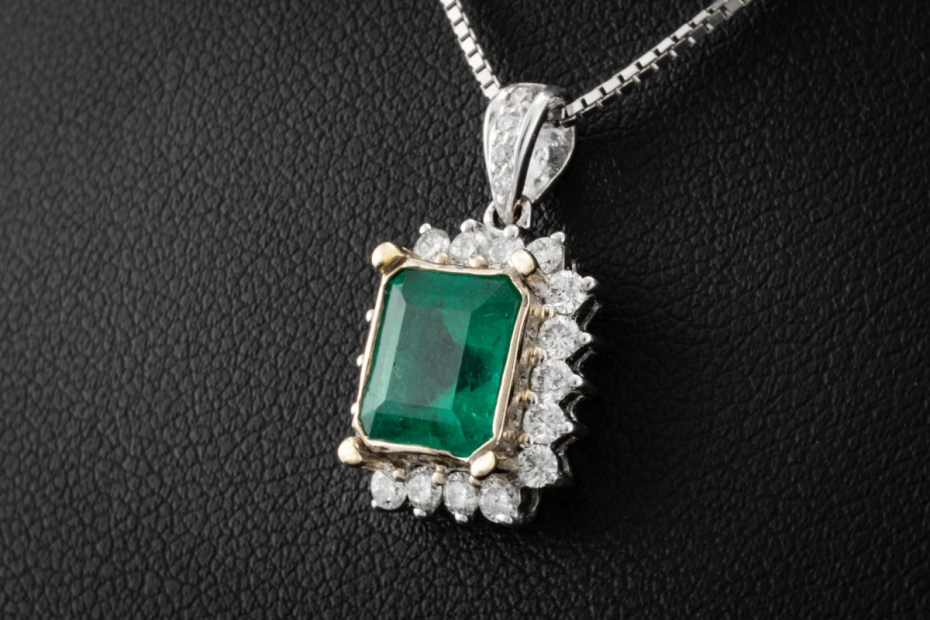 Antikes Collier Kette Anhänger mit Smaragd und Diamanten in Weißgold 750 