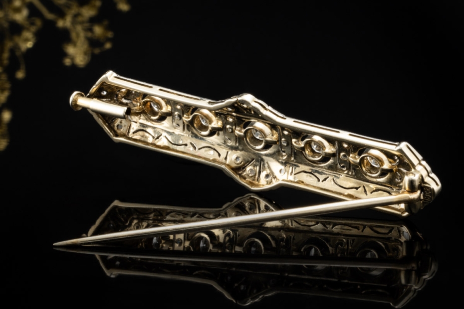 Lange Art Déco Brosche Nadel Diamanten Goldschmiedearbeit Weißgold Gold 