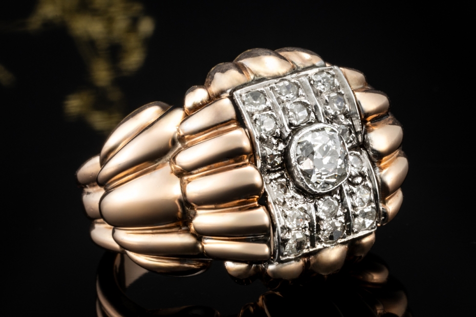 Antiker Ring im Vintage Design mit Diamanten im Altschliff in Roségold 