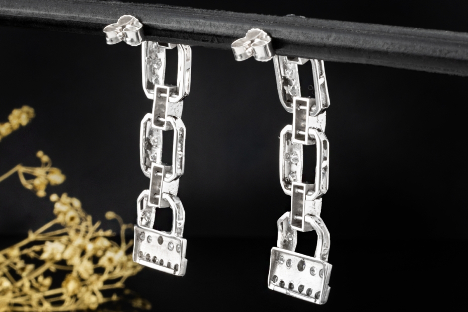 Art Déco Ohrringe Ohrstecker beweglich mit Diamanten in 585er Weißgold 