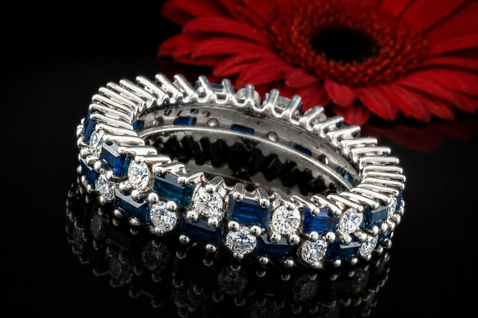 Kreativer Memoire Ring mit Diamanten und Saphiren Weiß Blau in Weißgold 