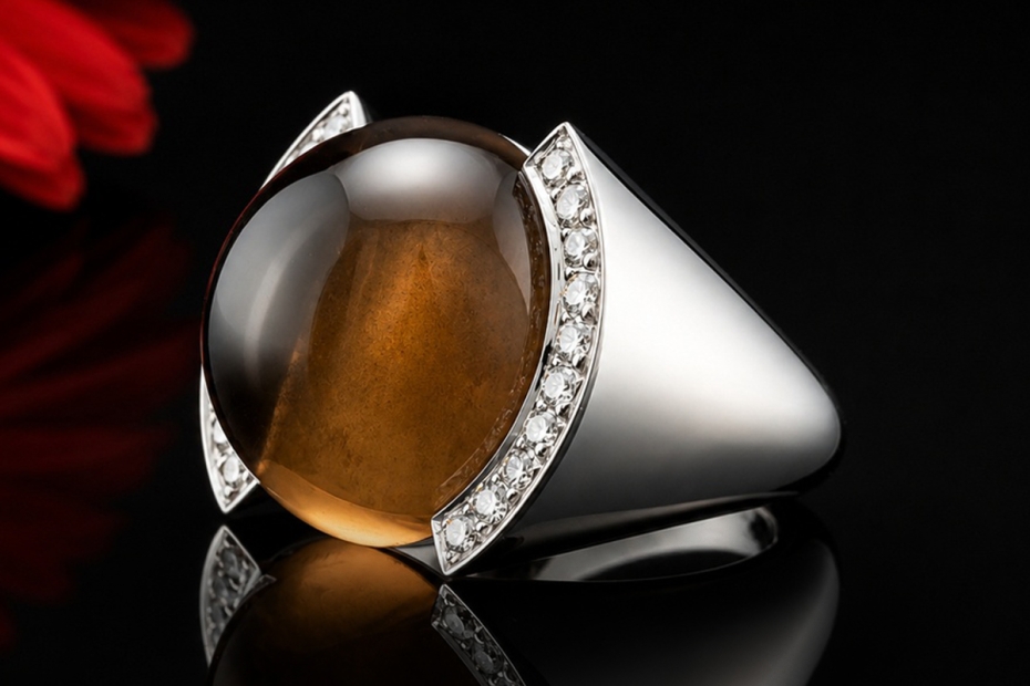Cartier Vintage Ring mit Rauchquarz Cabochon und Diamanten Weißgold 750 