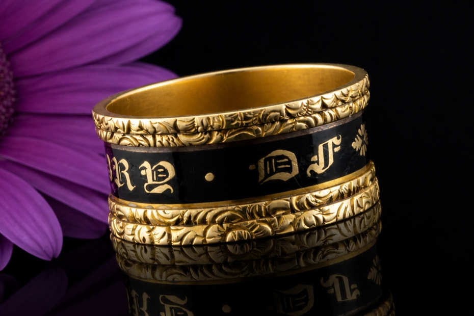 Antiker Trauerring Mary Christmas 1818 Ring Schwarz Gold in Gelbgold 750 