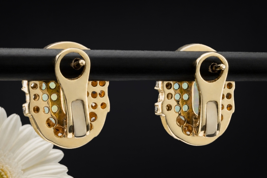 Vintage Opal Ohrringe Ohrclips mit Stecker Oval mit Diamanten Gelbgold 