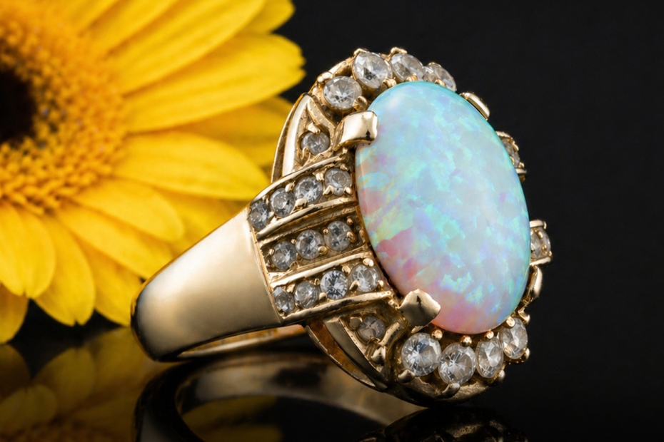 Vintage Opal Ring Oval mit Diamanten gefertigt in 585er Gelbgold 
